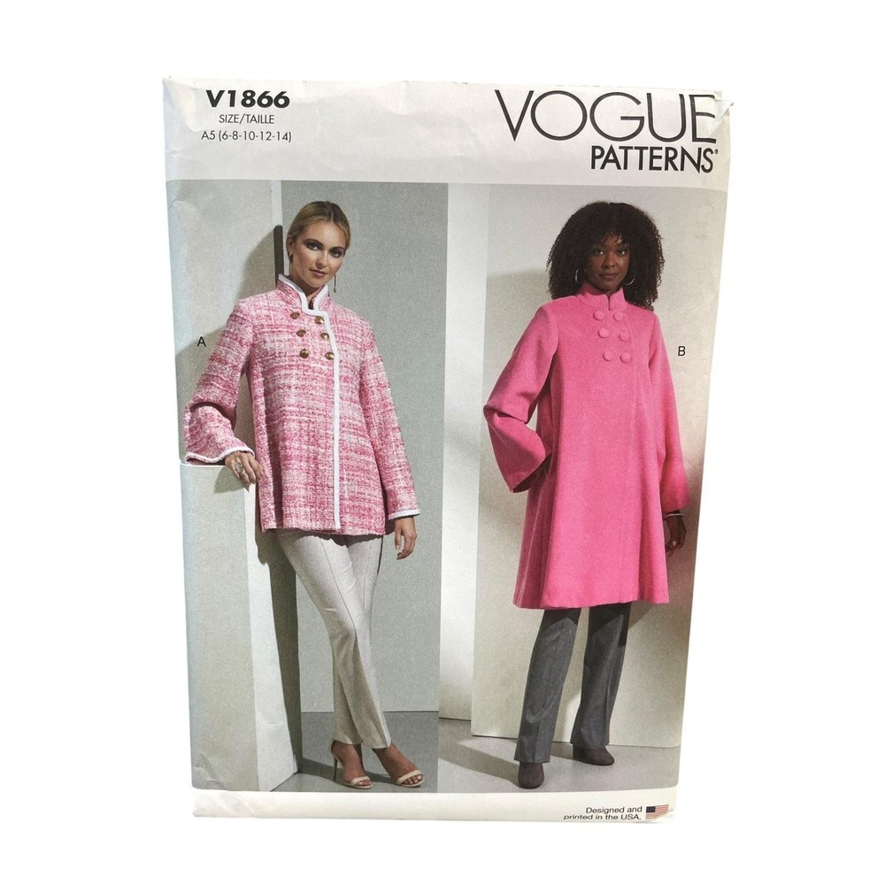 Vogue V1866 Coat Jacket Tunic A5 (6-8-10-12-14) Misses Mandarin Collar